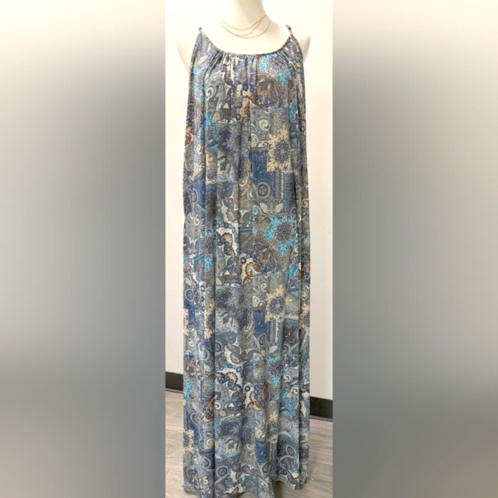 Kori NWT Spaghetti Strap Maxi Dress Blue paisley print.
